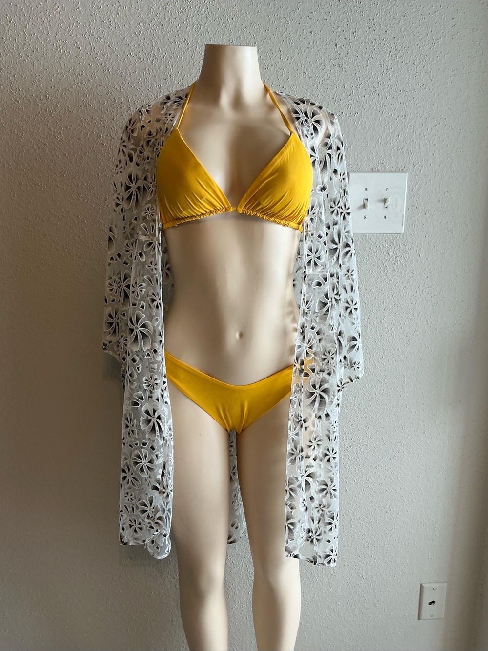 Sheer White Floral Lace Kimono Cover-Up with Yellow Bikini - Picture 2 of 4